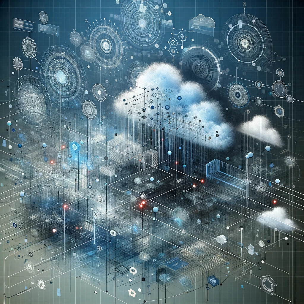 Abstrakte Darstellung einer Cloud mit Symbolden die Softwarearchitektur und digitale Produktentwicklung zeigen sollen.